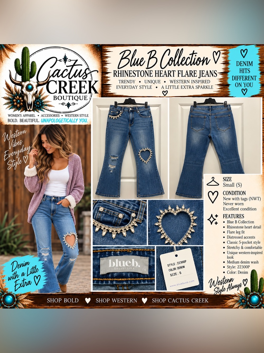 blueb. Heart-Appliqué Straight Leg Jeans in Dark Blue with jewels - Size S - NWT
